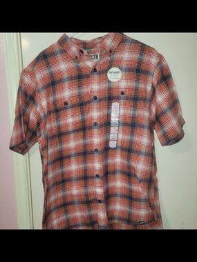 Duluth Trading Co Short-Sleeve Plaid Button-Down Shirt - Orange & Navy